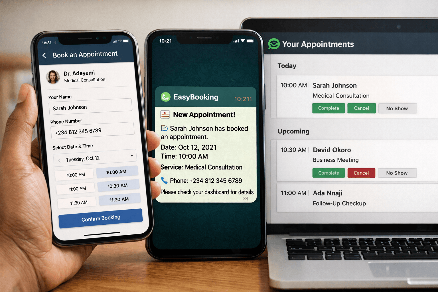 Booking link, WhatsApp alert, and dashboard preview